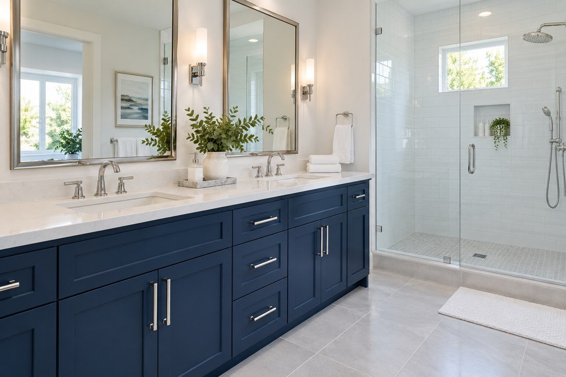 Clean bathroom with a navy double vanity and glass shower