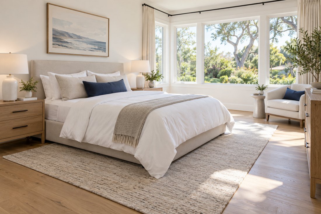 Tidy bedroom with fresh white linens