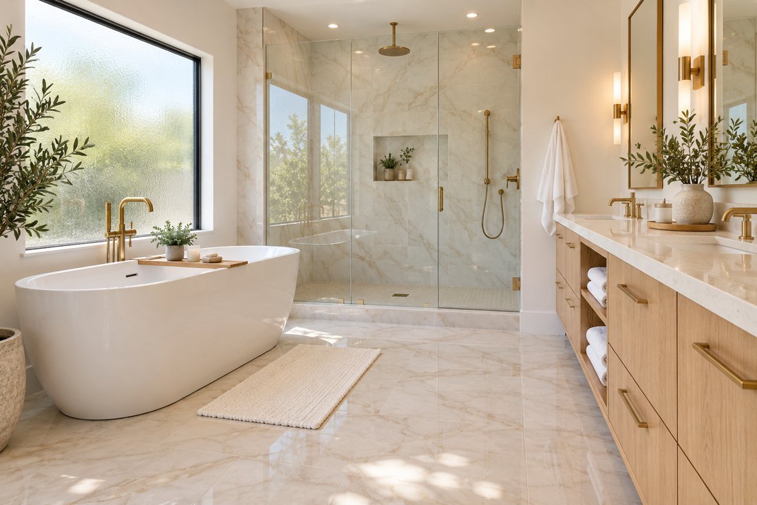 Bright bathroom with a glass shower and freestanding tub