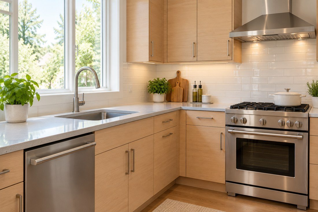 Clean kitchen with light wood cabinets and stainless steel appliances